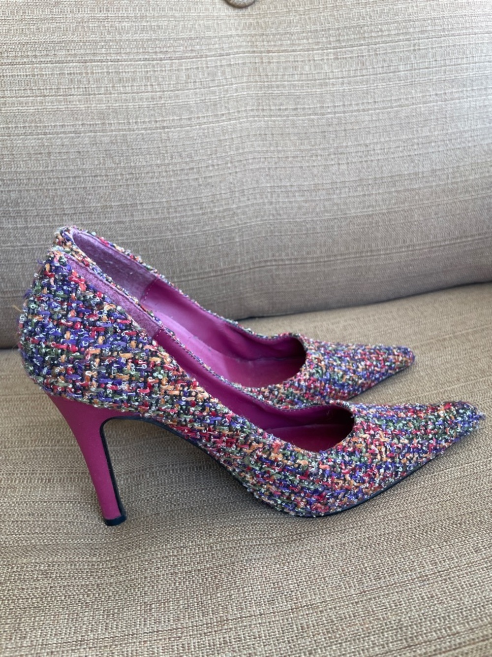 Summer Rio Multicolor Tweed Pointed Toe Pumps with Pink Lining - Picture 2 of 8